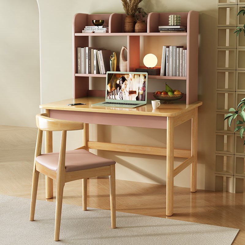 北欧实木家用电脑桌奶油风小户型书桌书架一体桌简约轻奢学习桌