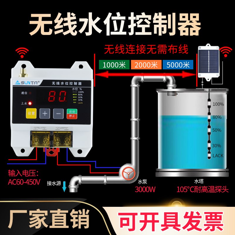 太阳能无线自动水位控制器水塔水箱水池液位远程上水开关智能遥控