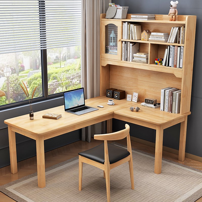 转角书桌书架一体学生家用电脑桌子台式办公桌简易卧室实木写字桌