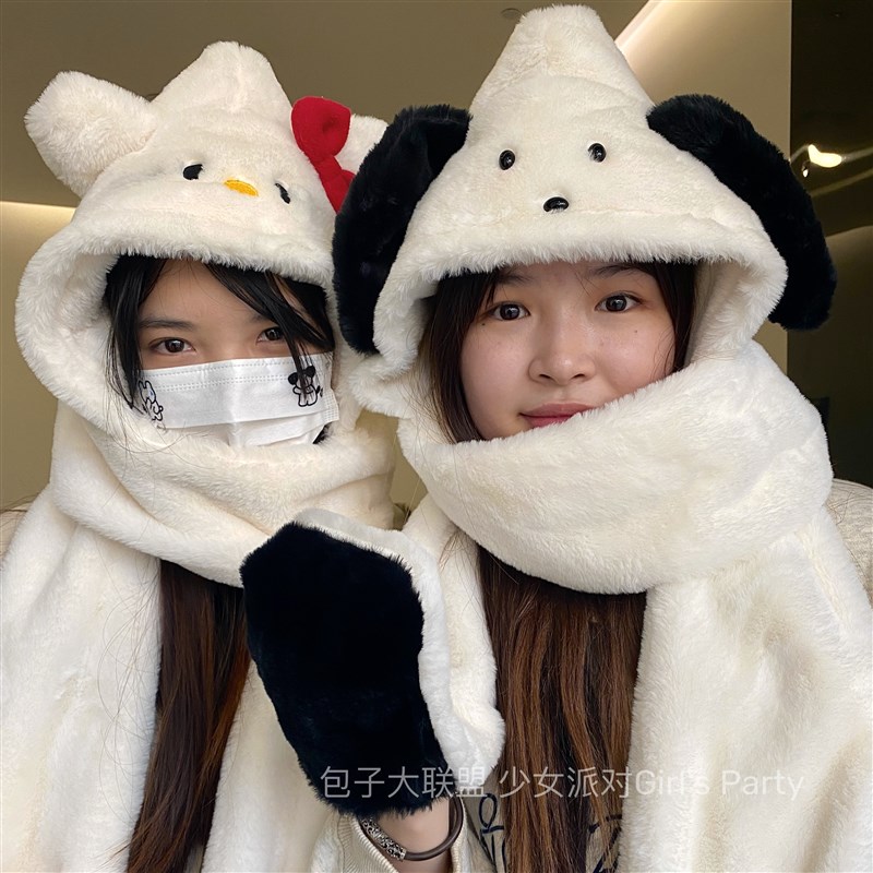 帽子女2023新款秋冬季毛绒手套围巾一体骑车保暖防寒护耳朵包头帽