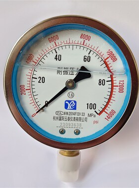 YN100杭州富阳浸油千斤顶液压表抗振耐震压力表0-100MPA 14000PSI
