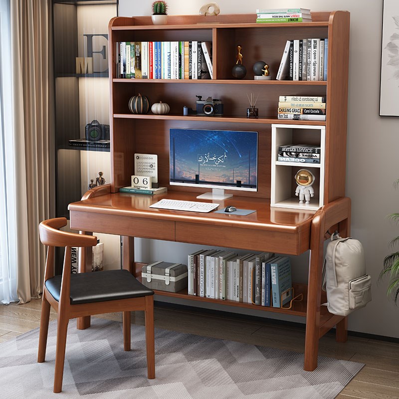 轻奢新中式书桌书柜组合儿童客厅学习桌学生家用可升降实木写字桌