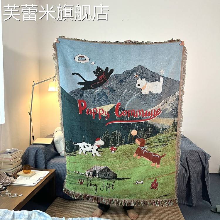 芙蕾米GALA自制 原创小狗乐园中古风艺术挂毯沙发毯单人针织盖毯地毯棉饰品摆件垫垫