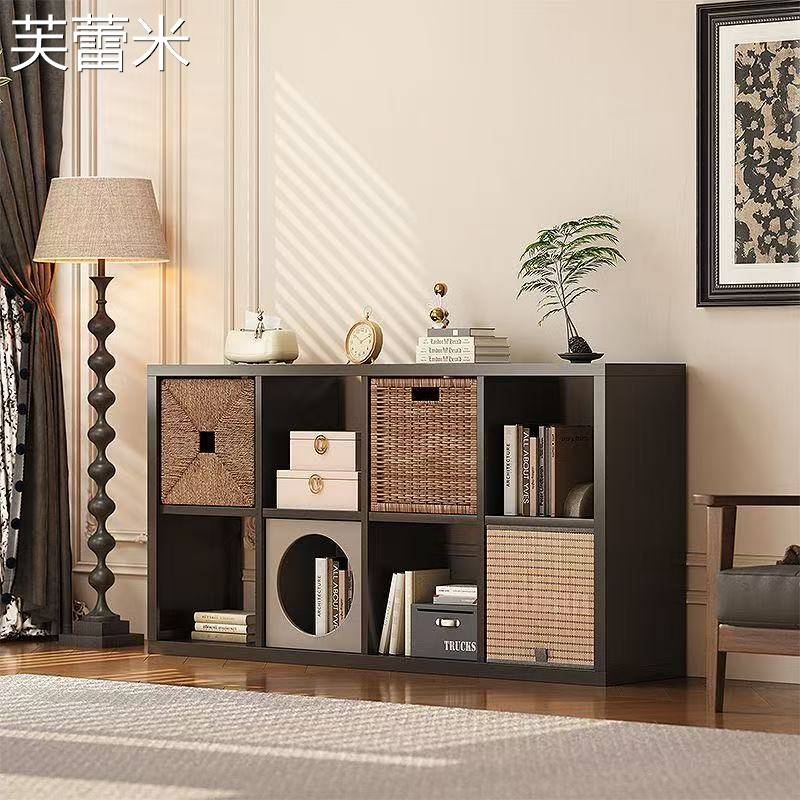芙蕾米实木书架客厅靠墙黑色八格柜家用收纳矮书柜自由组合卡莱克格子柜床笠拉车