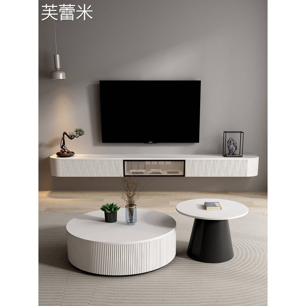芙蕾米奶油风格实木悬挂电视柜现代简单壁挂式白色悬挂小公寓2023新橱柜床笠拉车