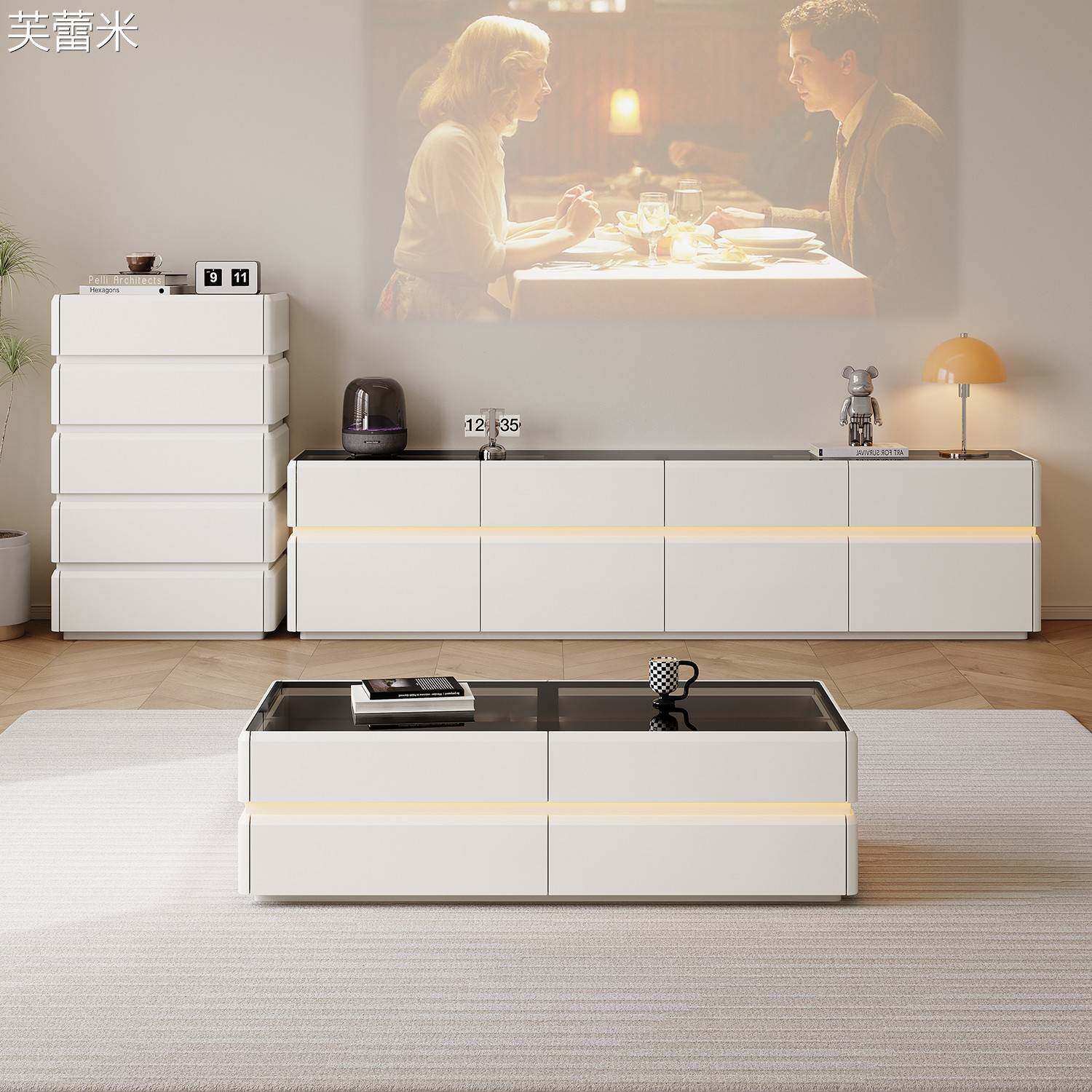 芙蕾米纯实木高款落地电视柜茶几组合简约现代客厅小户型地柜高级感60cm床笠拉车