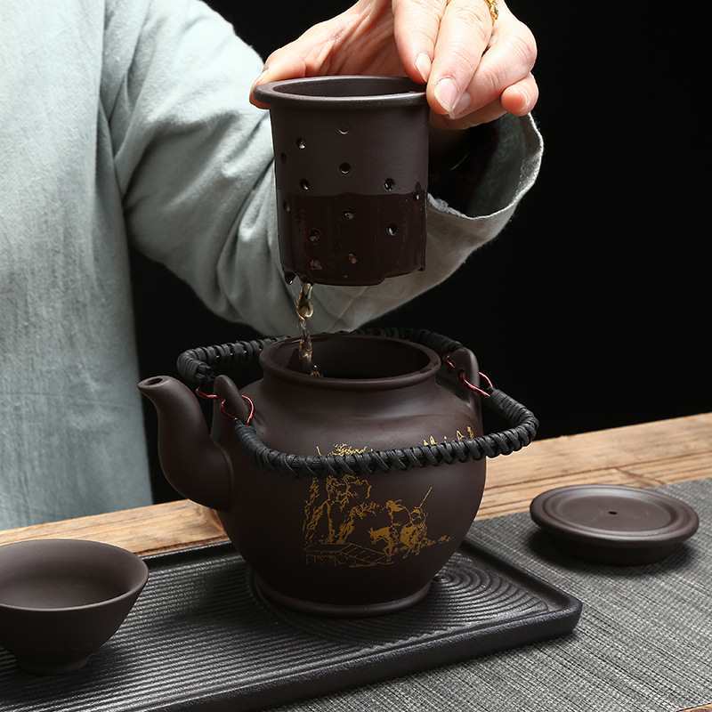 宜兴紫砂茶具大号提梁壶过滤内胆泡茶壶大容量茶壶洋桶壶酒店