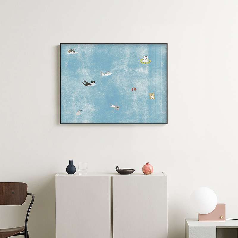 北欧清新猫咪泳池蓝色可爱动物儿童房挂画客厅卧室装饰画版画图片