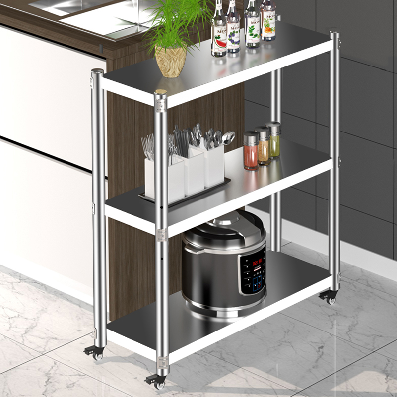 加厚不锈钢厨房置物架落地多层收纳架夹缝收纳架微波炉整理架带轮