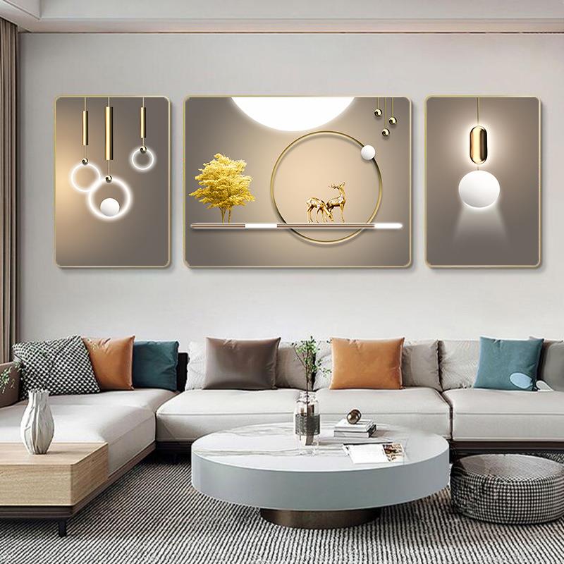 福禄美满三联画现代简约挂画客厅装饰画羽毛沙发背景墙画大气壁画