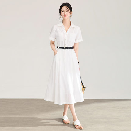 2604508-南油重磅酵洗亚麻时尚法式长裙收腰女夏衬衫裙通勤连衣裙