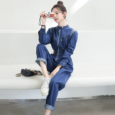 2023春秋新款休闲n宽松收腰显瘦工装长袖牛仔连体长裤女时尚连体