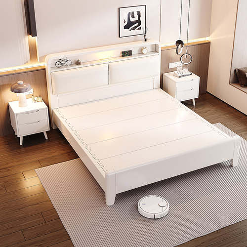 掌上明珠实木床橡木榫卯现代简约白色床1.5m单人床2x2米2双人床1.