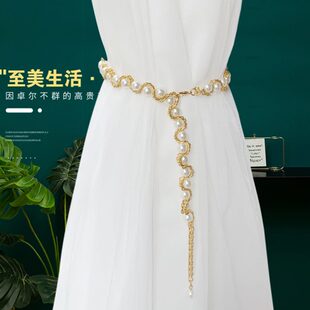 饰窗帘扣 现代简约珍珠窗帘绑带金属链条窗帘捆绑绳子样板间软装