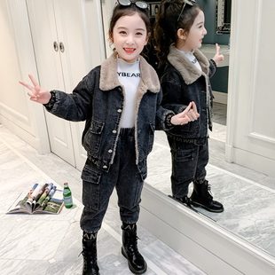 洋气儿童加厚牛仔两件套冬季 童装 2023年新款 女童冬装 加绒外套 套装