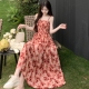 高级感玫瑰印花吊带裙长裙女夏季 法式 大码 胖mm气质收腰显瘦连衣裙