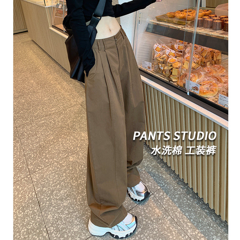 水洗棉工装裤女款春秋2025新款宽松高腰美式复古休闲直筒阔腿裤子