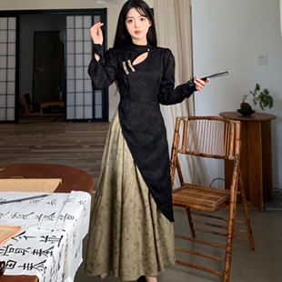 复古中国风气质假两件改良旗袍长裙女秋季胖mm大码遮肚显瘦连衣裙