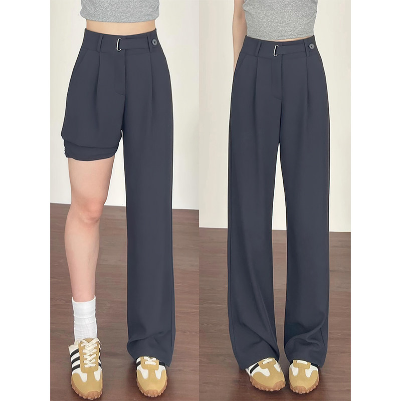 设计感灰色西装裤女夏薄款胖妹妹mm梨形身材高腰宽松显瘦休闲裤子