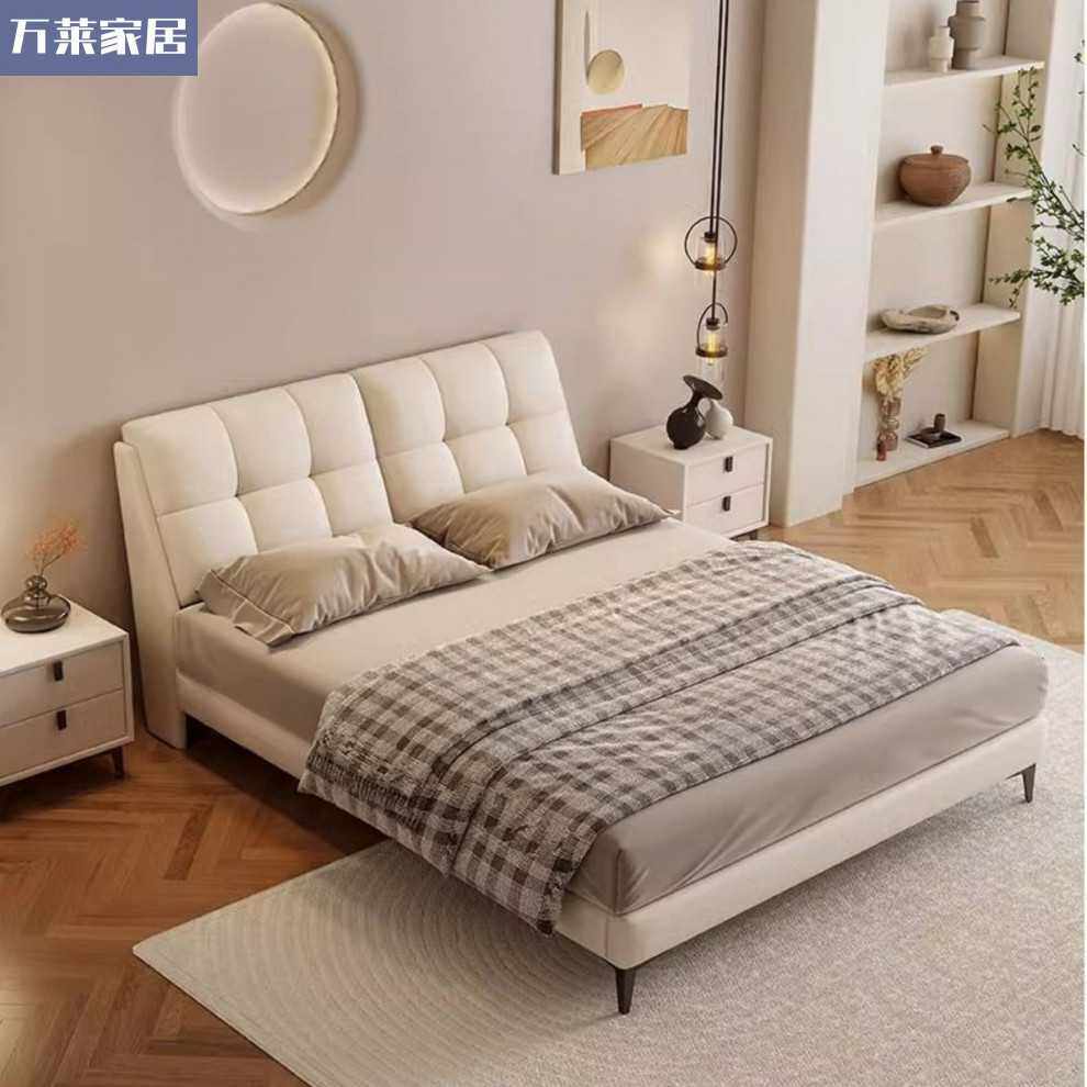 实木皮艺床现代简约加厚软包家用卧室1.8米奶油风大床出租屋1.5