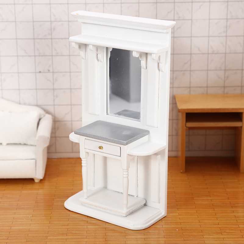 1:12娃娃屋dollhouse迷你家具模型摆件 白色带镜简约梳妆台配件