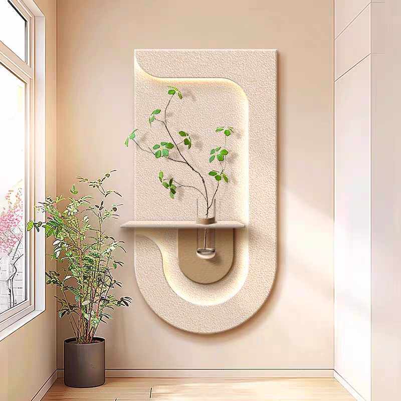 客厅背景墙装饰入户玄关壁画高级感立体砂岩LED灯光简易绿植挂画