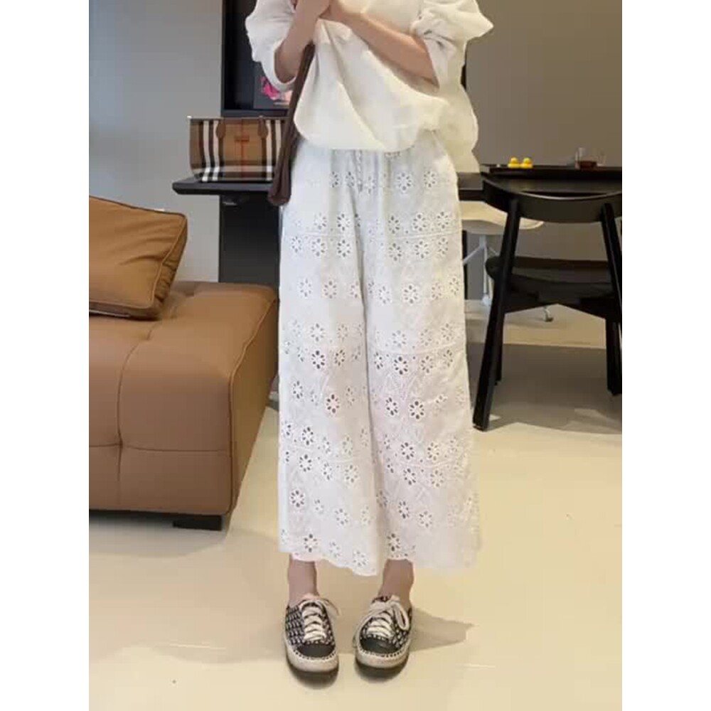 蕾丝镂空花朵休闲九分裤2025夏季薄款大码胖mm高级感高腰直筒裤子