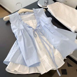 外穿上衣 大码 胖mm韩系减龄撞色假两件背心女夏季 新款 气质甜美无袖