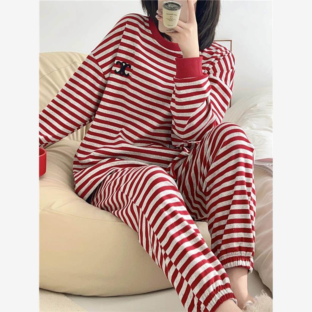 大码春秋两件套条纹运动套装宽松休闲女式睡衣家装胖mm 1.0-150kg