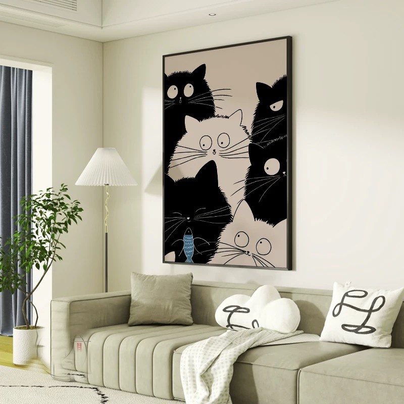 简约现代客厅沙发背景墙装饰画y时尚卡通猫咪挂画竖版玄关卧室壁图片