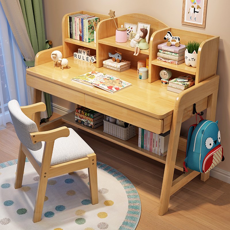 实木书桌书架一体桌中小学生家用电脑桌子简约卧室男孩儿童学习桌