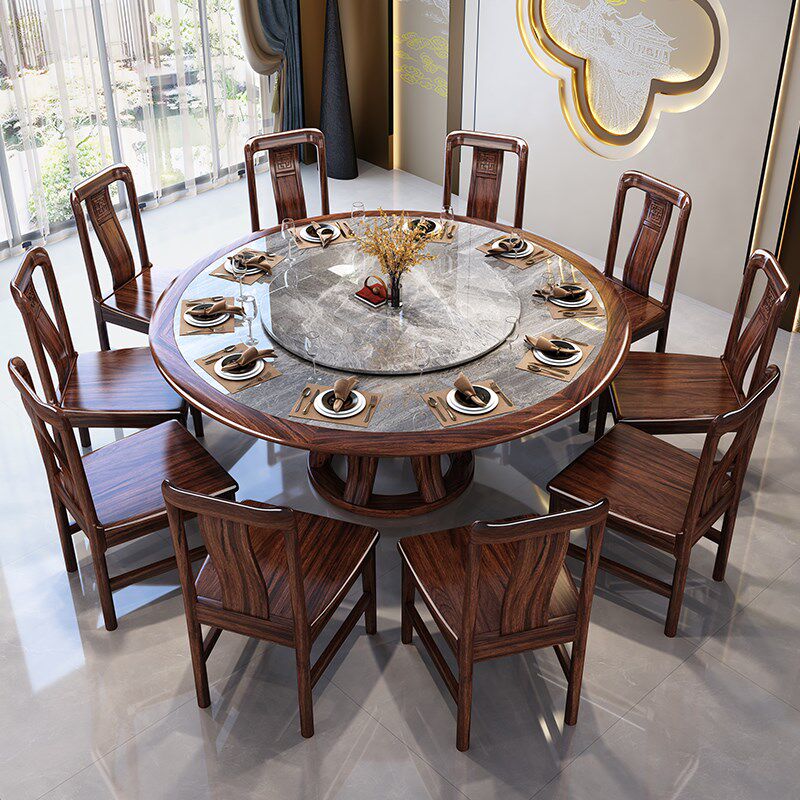 新中式实木餐桌家用岩板圆桌饭店轻奢乌金木色10人大理石桌子2米