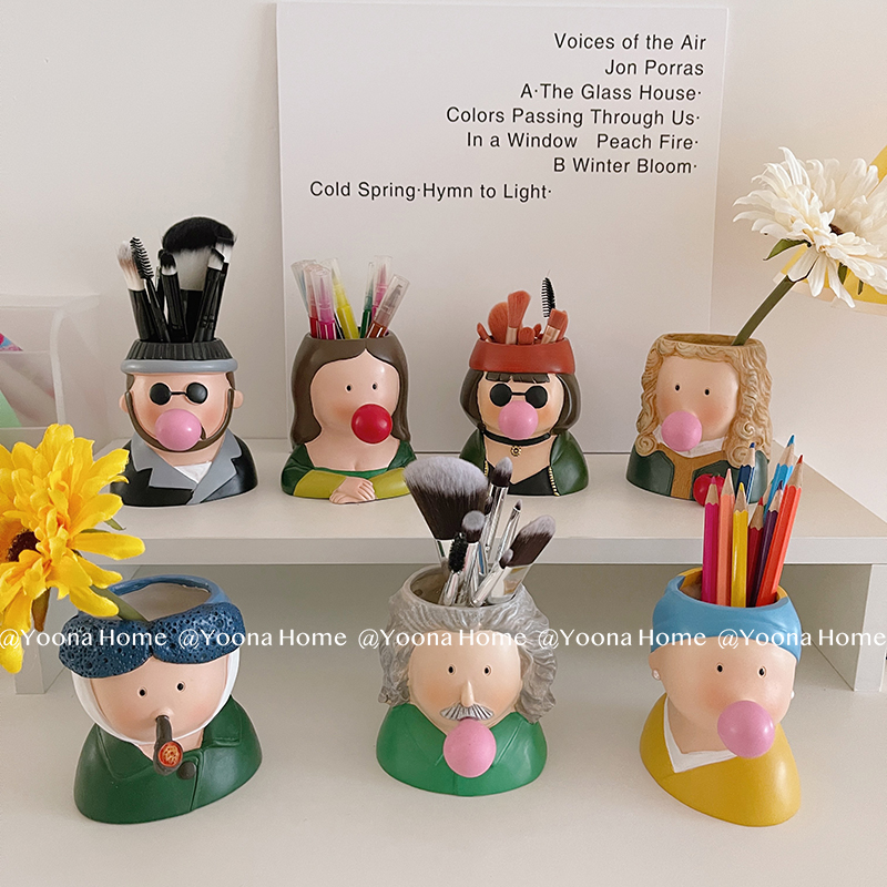 创意蒙娜丽莎卡通笔筒收纳时尚可爱儿童小学生办公室桌面摆件艺术