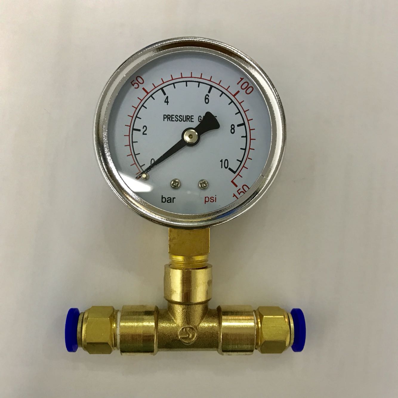 压力表带三通气管接头 表径60mm 压力10bar 150psi 插4-12mm PU管