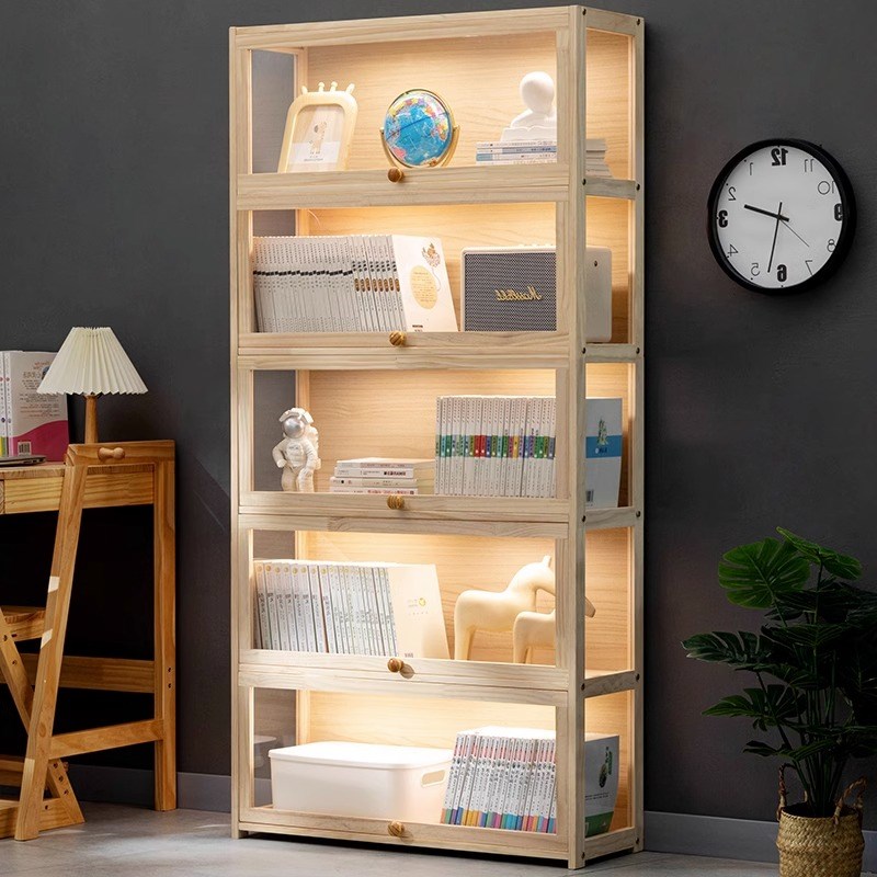 实木书柜带门防尘书架格子柜窄柜置物落地储物柜现代简约组合立柜