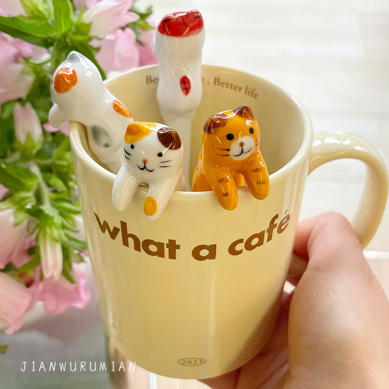 ins软萌手绘小猫咪咖啡挂耳搅拌勺挂壁创意陶瓷小调羹短柄甜品勺