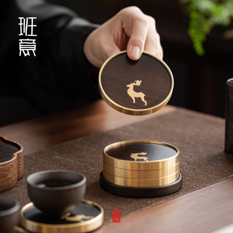 花梨木铜杯垫茶夹茶道六君子套装功夫茶具配件勺茶刀茶杯垫茶杯托