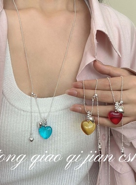 彩色爱心项链银色链条可调节仙女