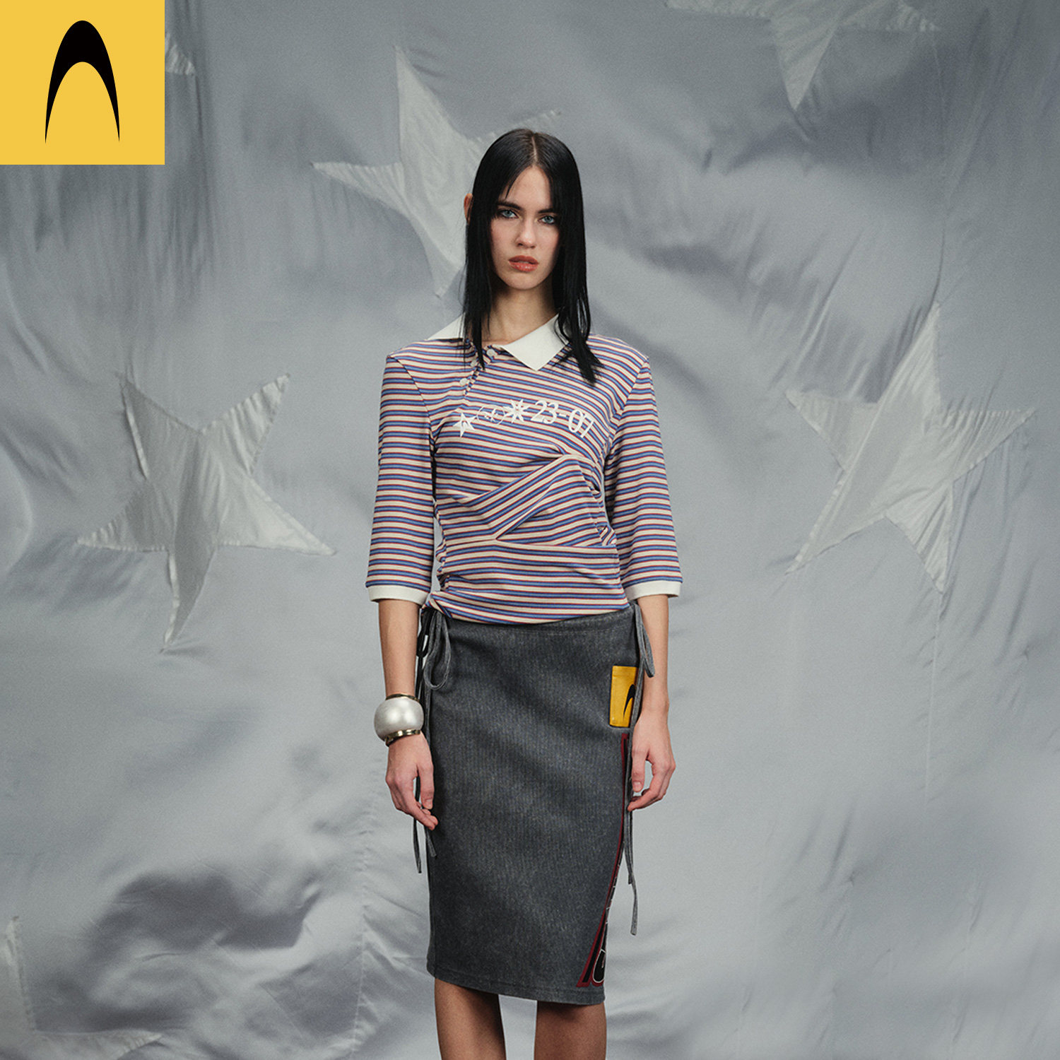 Anomalies Department条纹不对称中袖polo衫女长袖上衣新品26夏
