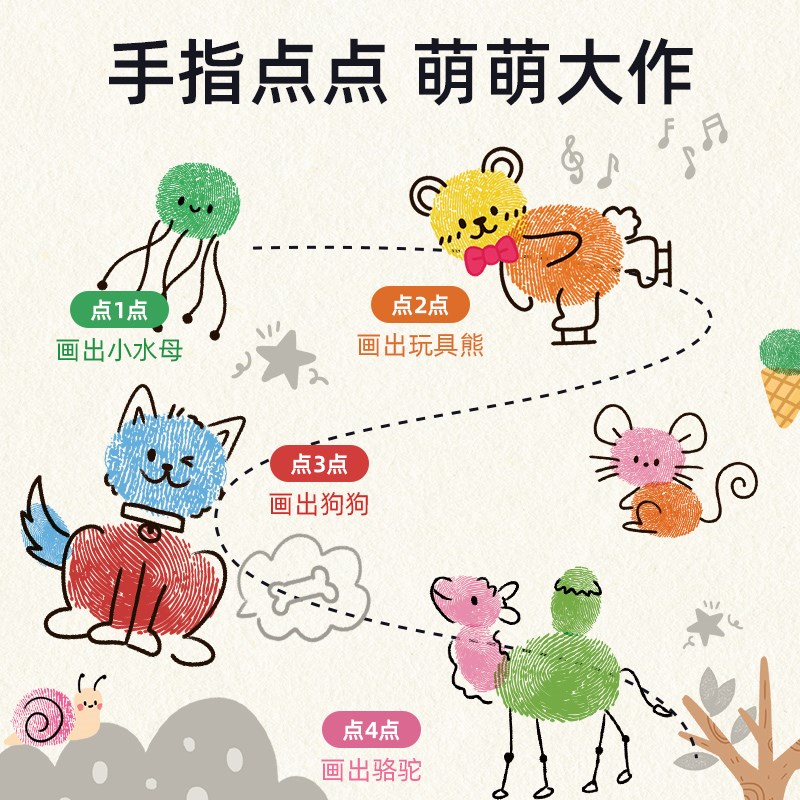 儿童手指画画本涂鸦创意宝宝指印点画颜料3岁幼儿园便携印泥套装