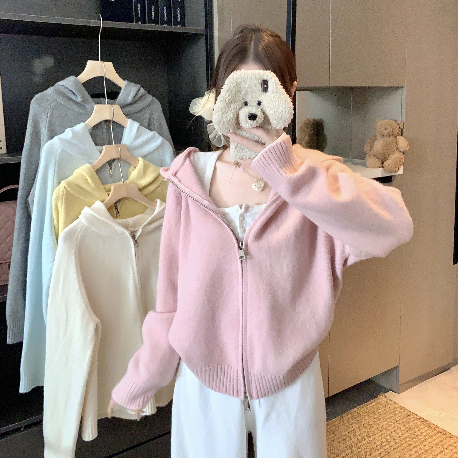 大码胖mm春秋慵懒风连帽短款针织开衫女宽松遮肉显瘦百搭毛衣外套