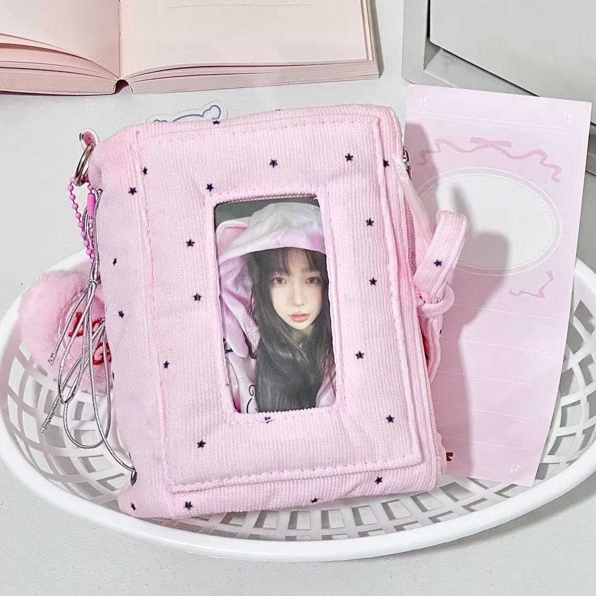 韩版粉色星星灯芯绒三折m5手账本