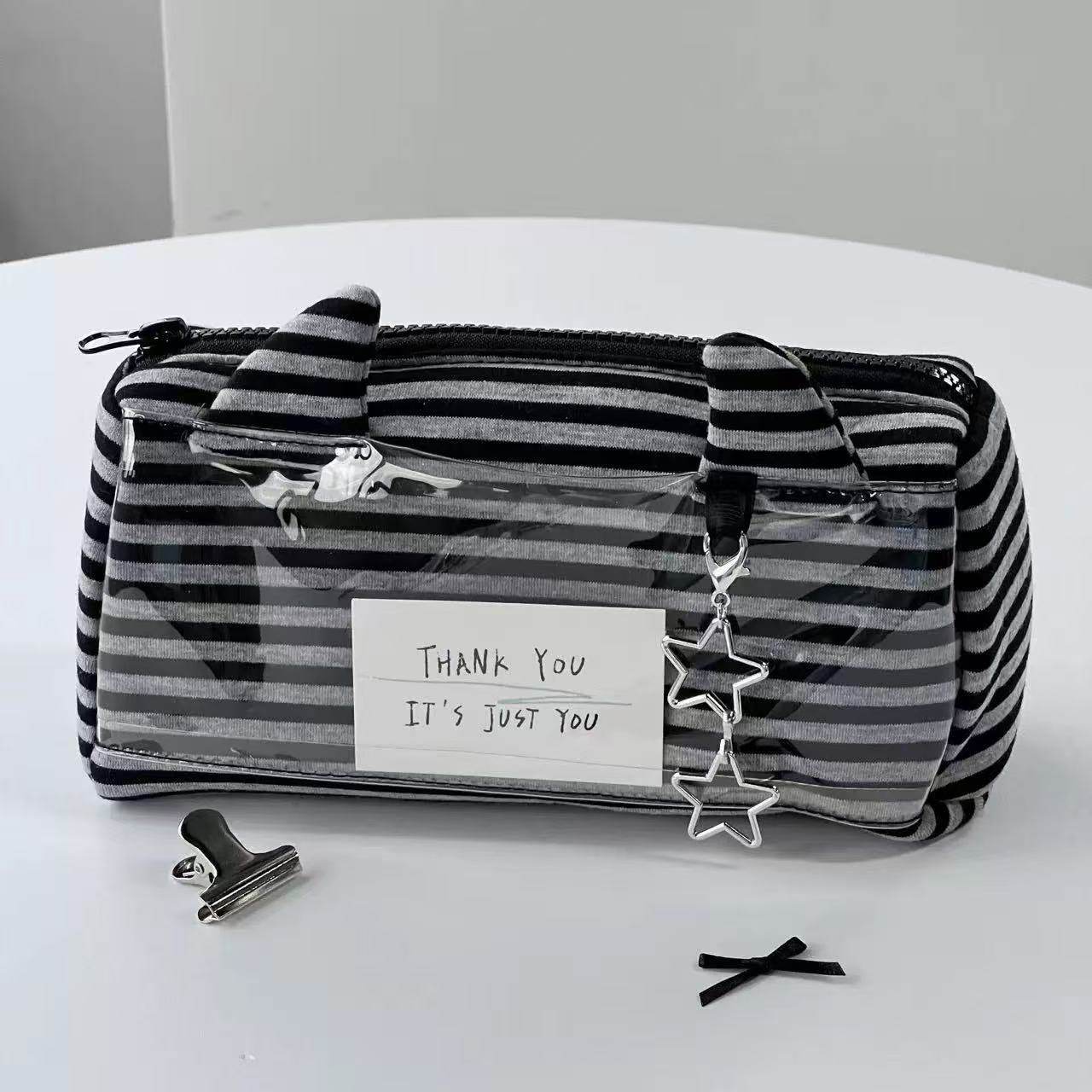 韩系小恶魔条纹痛包笔袋学生ins风高颜值大容量PVC铅笔盒文具袋