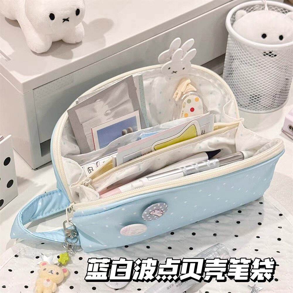 ins风蓝色波点贝壳手提笔袋韩系少女心高颜值大容量铅笔盒文具袋