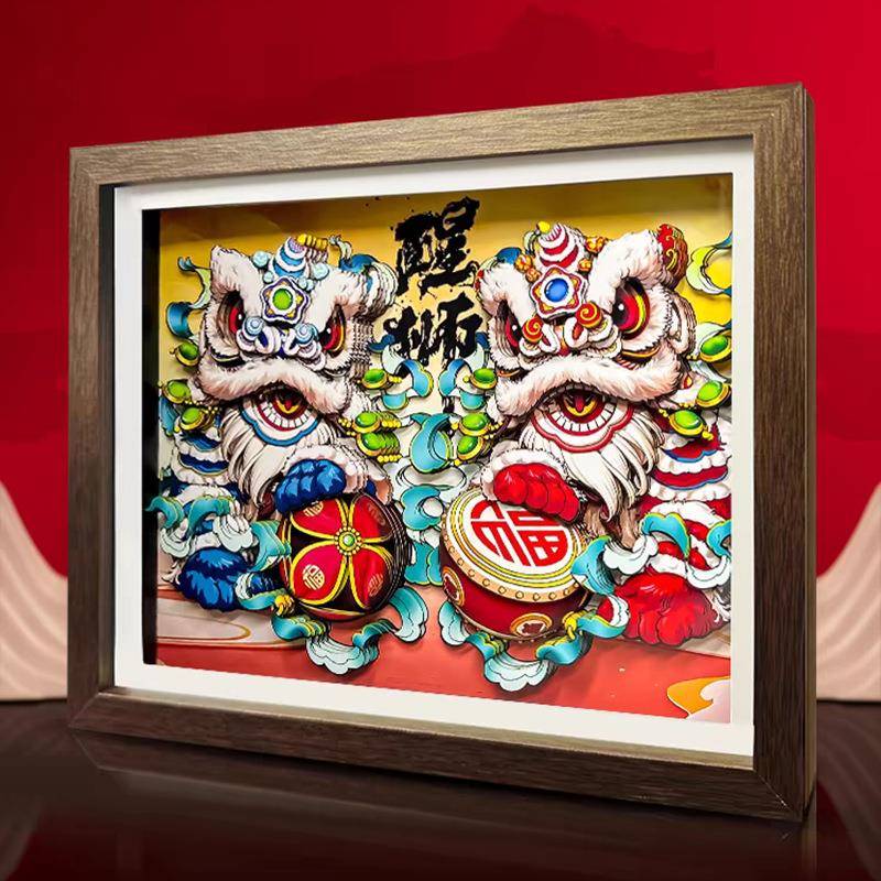 国潮醒狮摆件 工艺品剪纸文创木质多福桌面客厅创意摆台精美摆件
