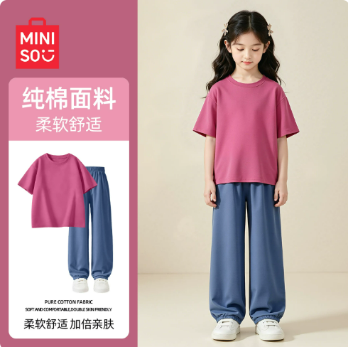 名创优品女童夏季套装2026新款休闲运动女孩防蚊裤儿童短袖t恤薄