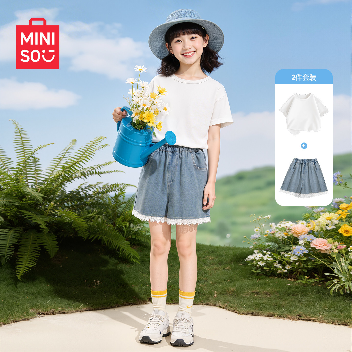 名创优品女童夏季套装2026新款纯棉女孩短袖t恤透气女大童休闲裤C