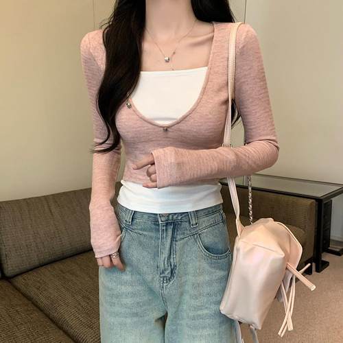 实拍长袖t恤女装2025秋季新款薄潮设计感假两件修身打底衫U领上衣