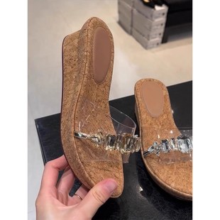 海边沙滩 绝美坡跟一字拖透明凉拖鞋 女夏季 外穿2025新款 厚底拖W鞋