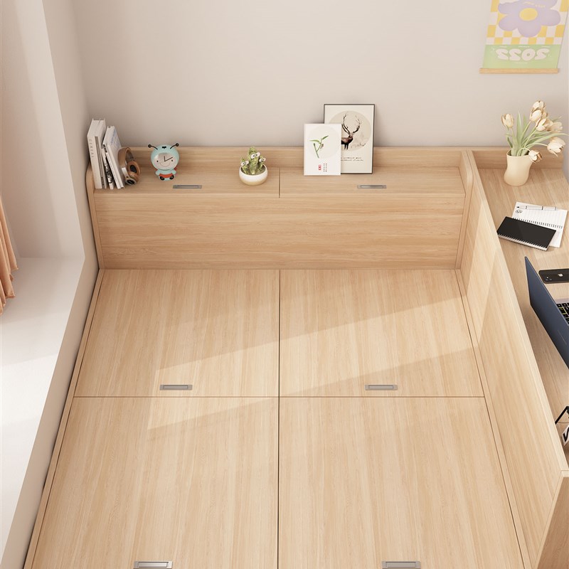 儿童房榻榻米床书桌柜一体定w制现代简约小户型高箱落地储物多功